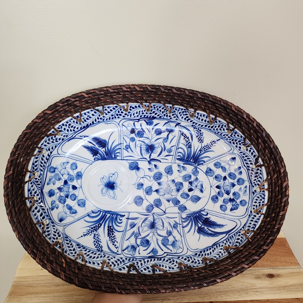 Vintage Floral with Wicker Weave Trim Serving Bowl Blue White Oval Platter